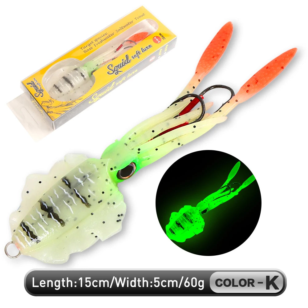 ZUKIBO-cebo de calamar suave para pesca, seÃ±uelo de pesca con curricÃ¡n, plantillas con cabeza de pulpo, plantilla de calamar UV luminosa de 60g para pesca en barcos de aguas profundas, cebo Wobblers