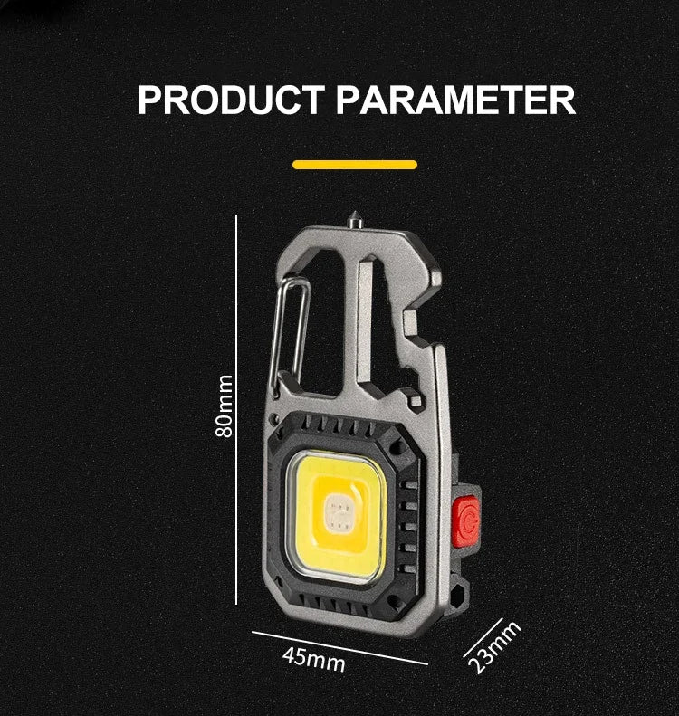Luz de trabajo con llavero COB con pantalla de batería, luz LED portátil recargable de 8 modos de alto lúmenes para acampar, senderismo y correr