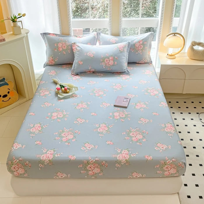 Juego de sábanas ajustadas de algodón 100% puro con funda de almohada, funda de cama con estampado de flores, sábanas individuales/Queen/King Size