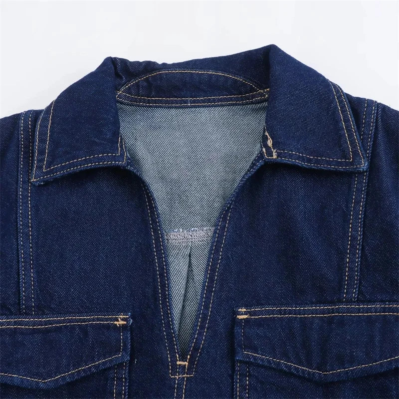 TRAF-Camiseta vaquera azul para mujer, camisa recortada de manga corta, Tops cortos de verano para mujer, ropa de calle Y2k, blusa elegante para mujer