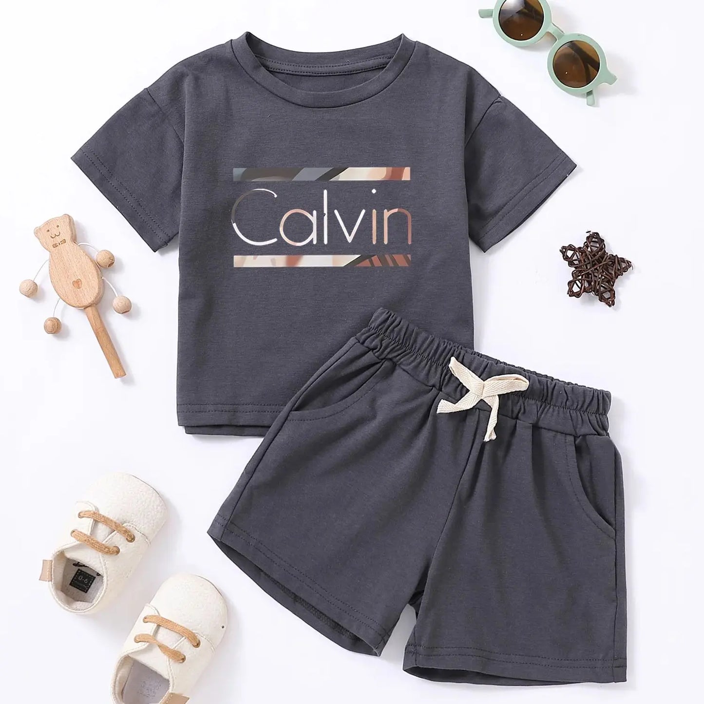 Trajes con estampado de letras Calvin para niños, camisetas de algodón + Pantalones cortos, conjuntos de ropa de 2 uds., trajes de moda para niños y niñas de 1 a 7 años
