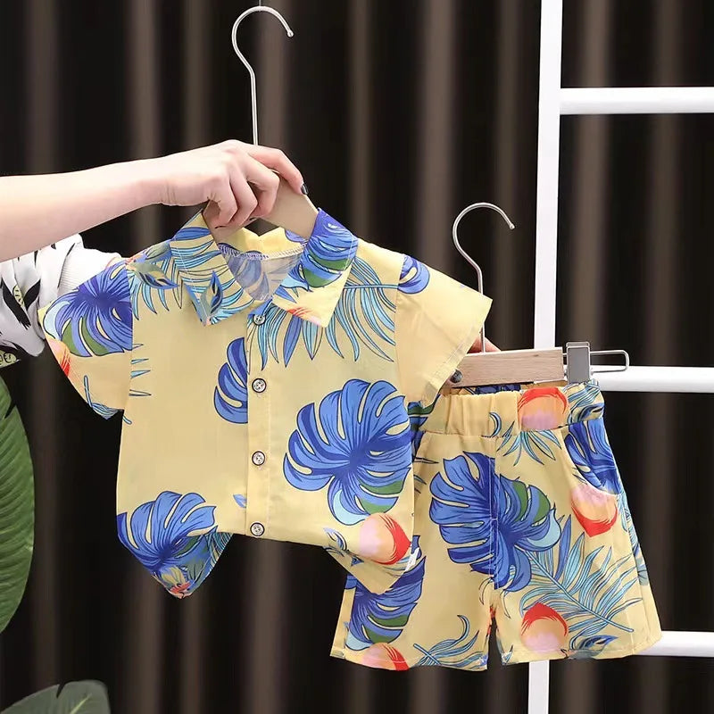 1 Juego de traje de viento de playa para niños y niñas, camisa estampada de manga corta + traje de pantalones cortos, ropa fina de verano para bebés
