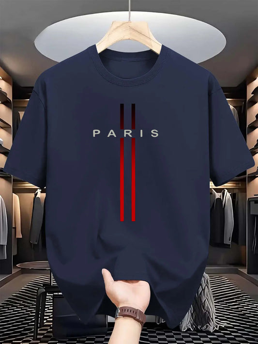 Camiseta holgada informal de verano 100% de algodÃ³n puro para hombre, camiseta de manga corta con cuello redondo y estampado de letras de ParÃ­s a la moda