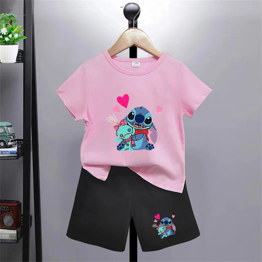 Camiseta de punto de Disney con dibujos animados de verano para niÃƒÂ±as, camisetas rojas y rosas para niÃƒÂ±os, ropa superior, camisetas de moda para niÃƒÂ±os, conjunto de pantalones cortos para niÃƒÂ±os de 3 a 12 aÃƒÂ±os