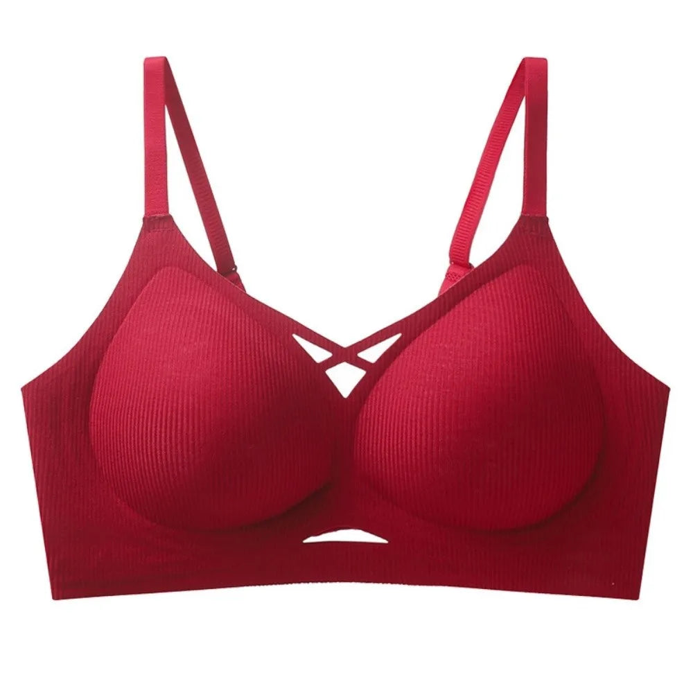 Sujetador Simple fino hueco sin costuras para mujer, sujetador inalámbrico antiflacidez con escote en V profundo, lencería, sujetador a prueba de golpes para gimnasio
