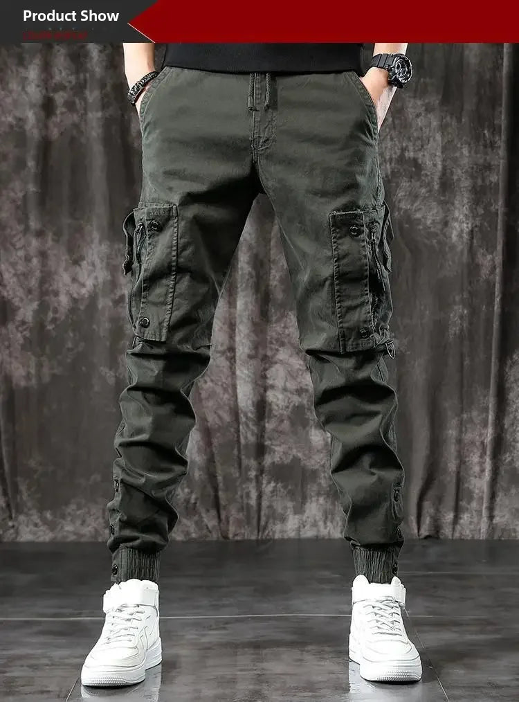 Pantalones Cargo de moda para hombre, pantalones ajustados de estilo informal, holgados, estilo americano, pantalones de pie pequeños con múltiples bolsillos, color negro, primavera y otoño