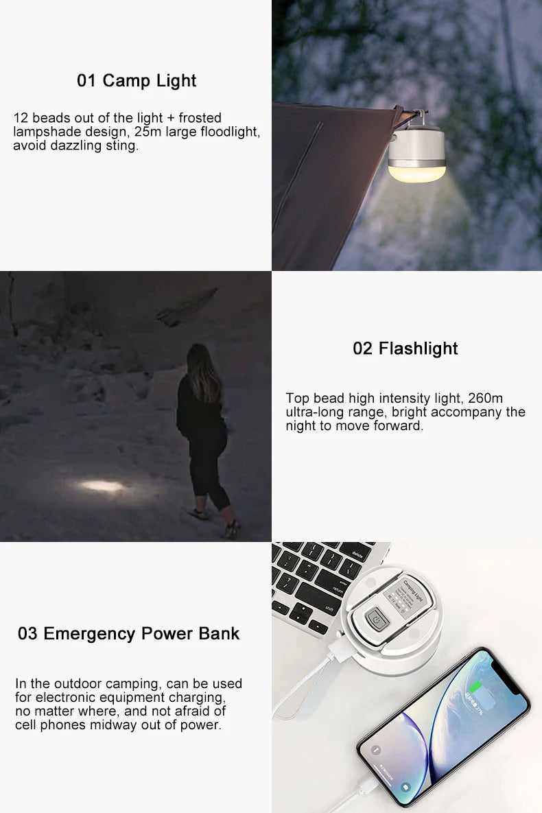 Linterna de Camping portátil, luz de trabajo de emergencia de 660 lúmenes, 4 modos de atenuación, linterna impermeable para exteriores, lámpara de tienda recargable por USB