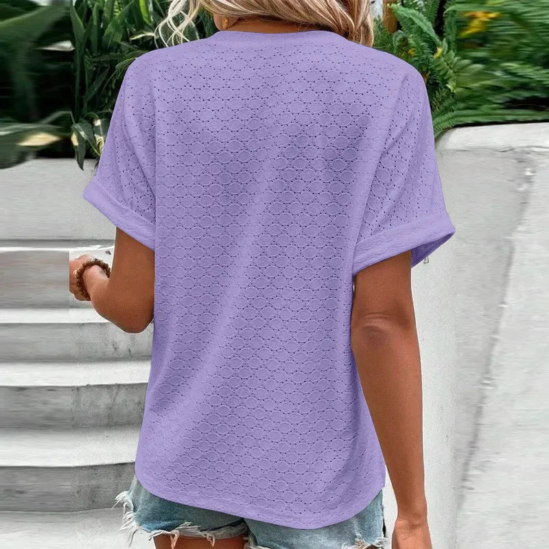 Blusas informales de Jacquard con botones y cuello en V para mujer, camisas holgadas lisas, Tops de manga corta de gran tamaño para mujer 2023