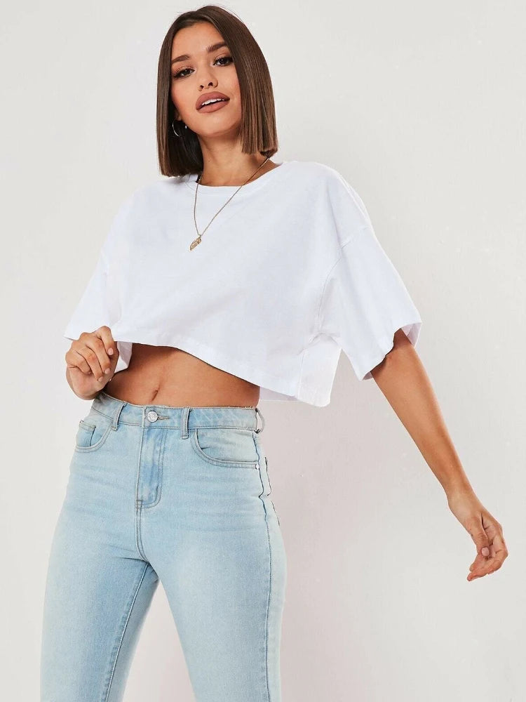 Ropa de algodÃ³n de manga corta para mujer, ropa para correr y bailar, Top corto para Yoga y Fitness, Camiseta deportiva holgada para el ombligo, camisetas de entrenamiento para gimnasio