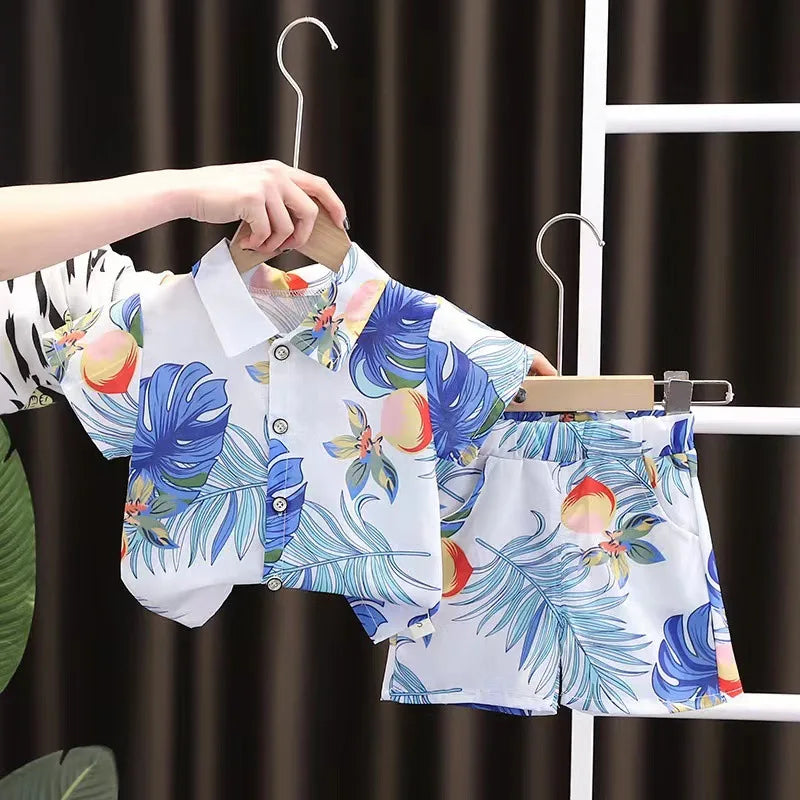 1 Juego de traje de viento de playa para niños y niñas, camisa estampada de manga corta + traje de pantalones cortos, ropa fina de verano para bebés