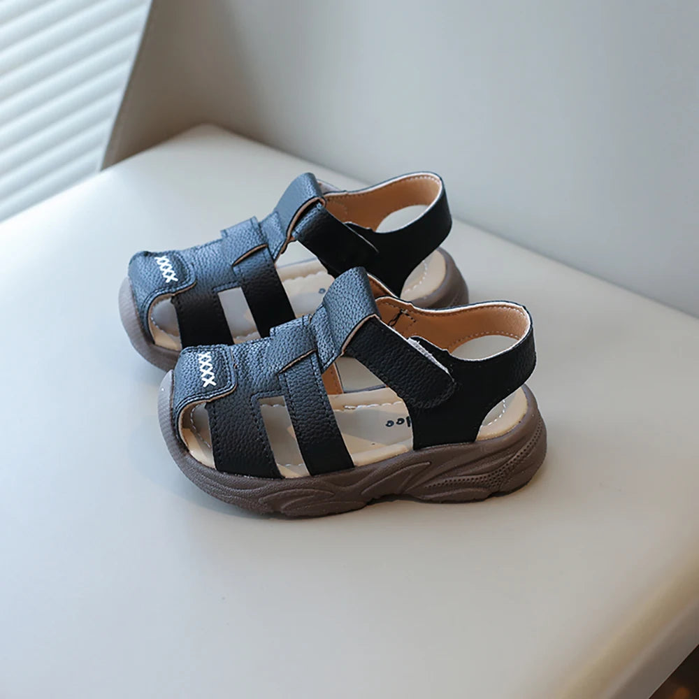 Sandalias deportivas de verano para niños, sandalias Vintage de cuero PU para niño, sandalias antideslizantes de suela blanda para chico, zapatos de verano a la moda