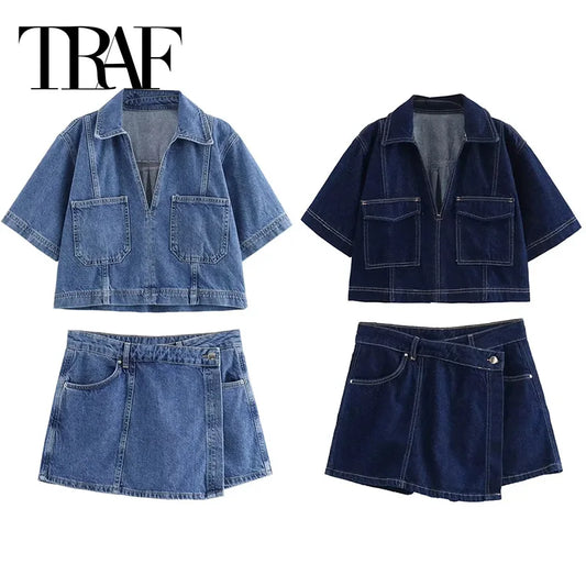 TRAF-Camiseta vaquera azul para mujer, camisa recortada de manga corta, Tops cortos de verano para mujer, ropa de calle Y2k, blusa elegante para mujer
