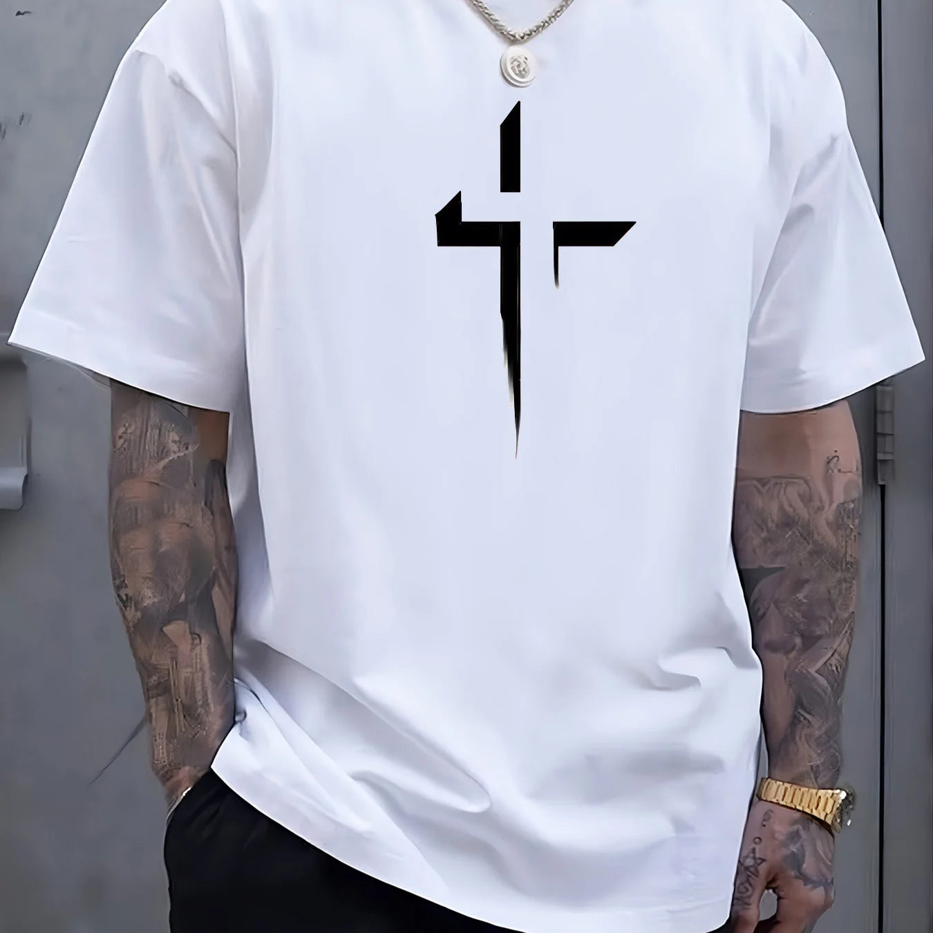 Camiseta de manga corta con cuello redondo para hombre, 100% de algodÃ³n puro, informal, holgada, de talla grande, con estampado creativo cruzado, deportiva, cÃ³moda, de verano