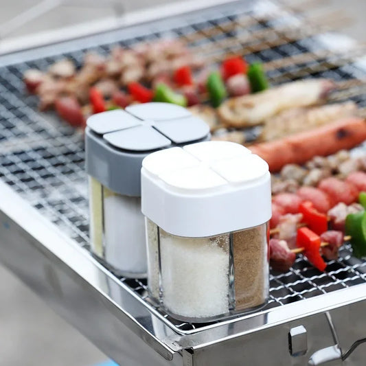 Tarro de condimentos para acampar 4 en 1 con tapa, dispensador de especias transparente, 4 compartimentos para cocinar al aire libre, barbacoa, salero y pimentero