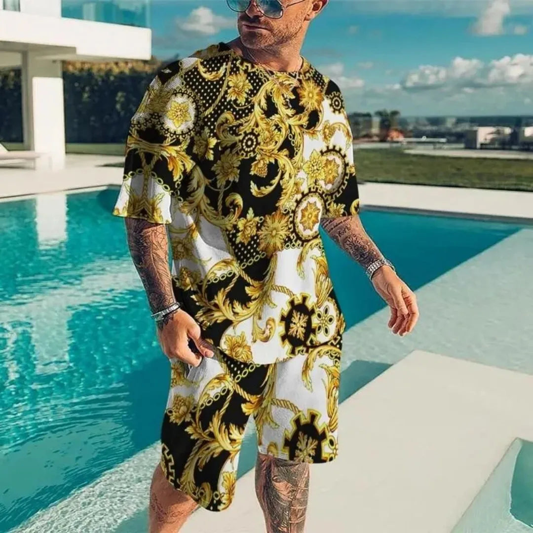 NOVEDAD DE VERANO 2021, ropa deportiva de lujo con diseño dorado para hombre, conjunto de camiseta de manga corta con estampado 3D, camiseta informal de moda para hombre, dos Pi