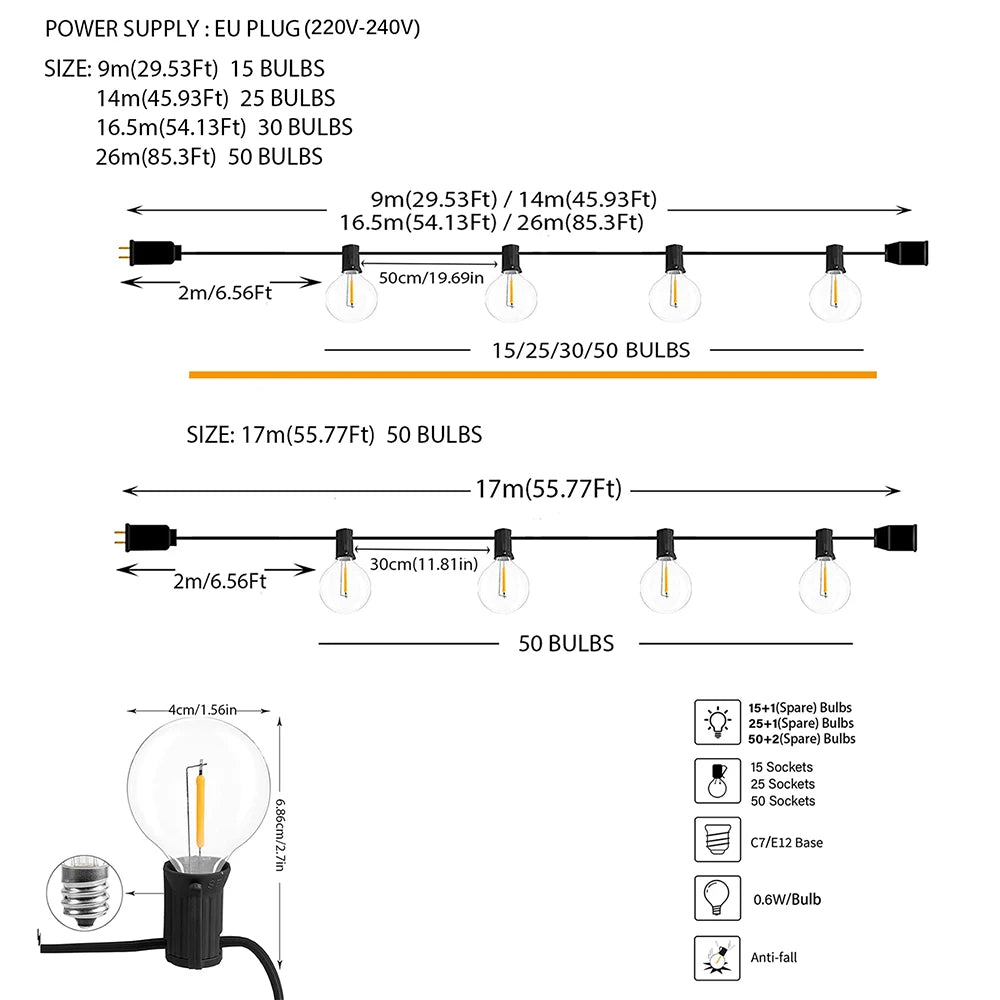 Guirnalda de luces LED para exteriores de 110V/220V, guirnalda de hadas para Patio, lÃƒÂ¡mpara para boda, calle, Camping, jardÃƒÂ­n, decoraciÃƒÂ³n de fiesta