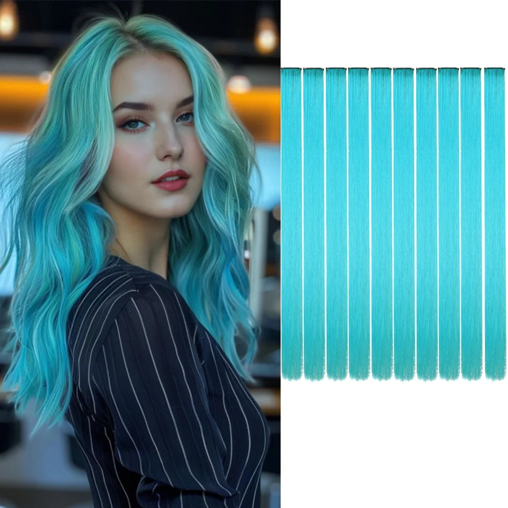 10 unids/pack de extensiones de cabello con Clip para fiesta de colores para niÃƒÂ±as, postizos sintÃƒÂ©ticos de pelo liso de 22 pulgadas de colores Omber