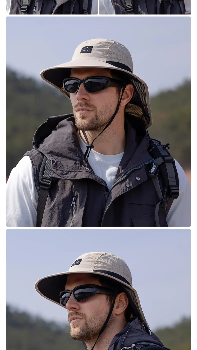Sombreros de pescador resistentes al agua para hombre, sombrero de cubo de ala ancha transpirable con chal, protecciÃ³n solar UV, senderismo al aire libre, pesca, Verano