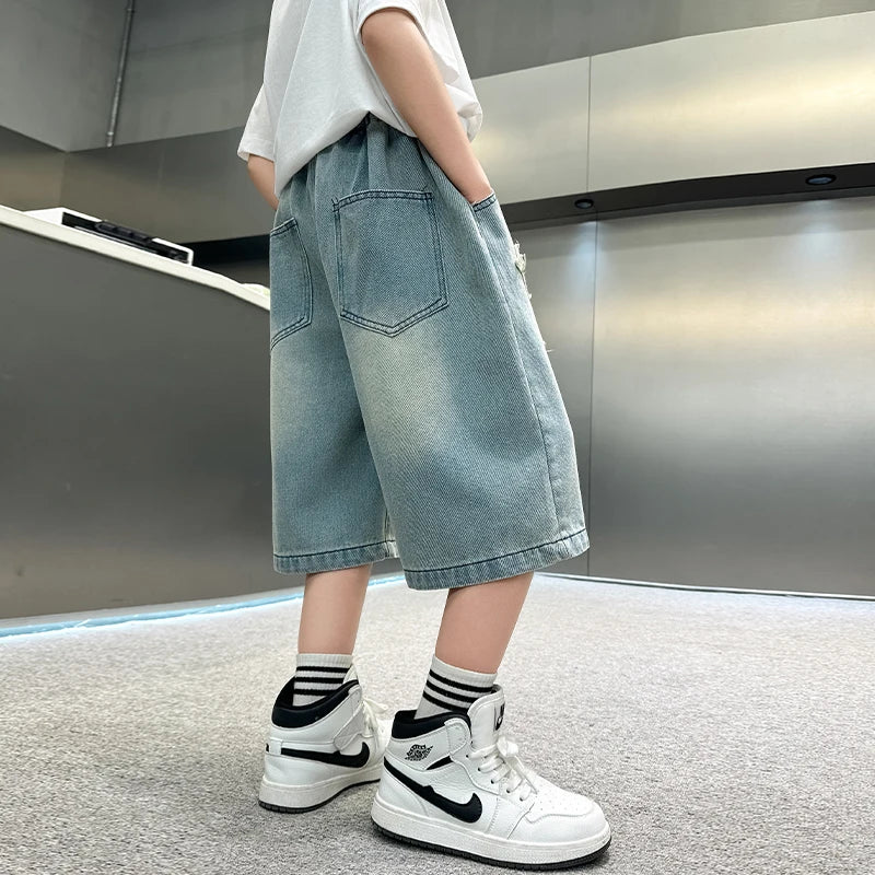 Boy Star Jeans 2025 Verano Nuevo Producto Moda NiÃƒÂ±os Denim Pantalones medios Pantalones cortos casuales para niÃƒÂ±os 5-15 aÃƒÂ±os