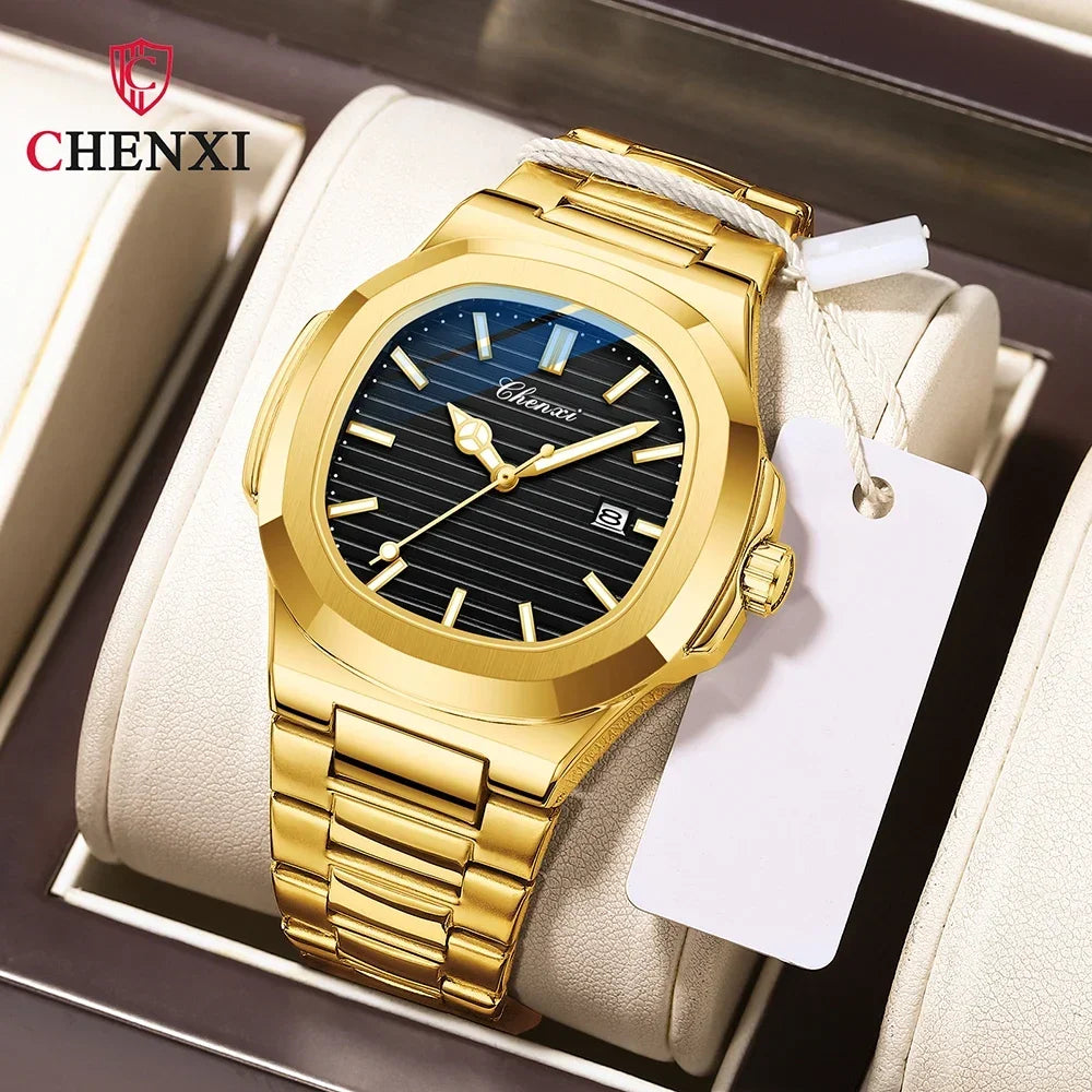 CHENXI 8222 reloj de negocios informal luminoso de acero inoxidable dorado de lujo para hombres relojes de pulsera de cuarzo de moda resistente al agua