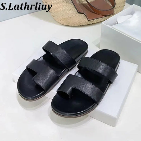 Zapatillas de punta abierta de fondo plano de cuero auténtico de verano, sandalias romanas simples para mujer, zapatos de playa para vacaciones y ocio al aire libre, zapatos perezosos