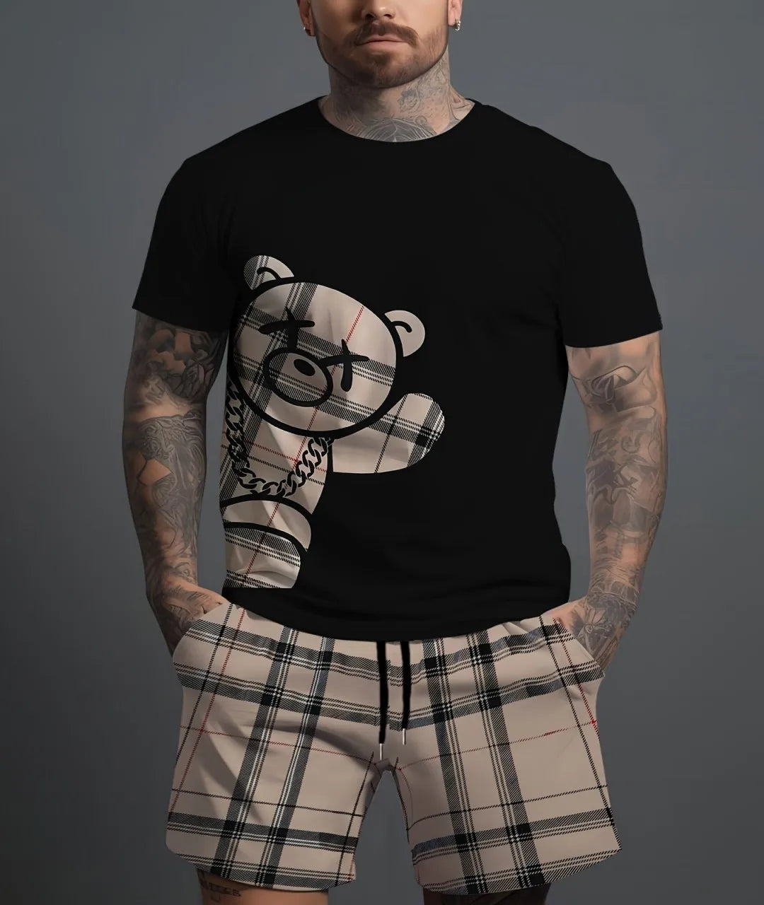 2025, novedad de verano, traje para hombre, pantalones cortos a cuadros con estampado 3D de oso informal de 2 piezas, traje ligero y transpirable cómodo para verano para hombre, nuevo estilo