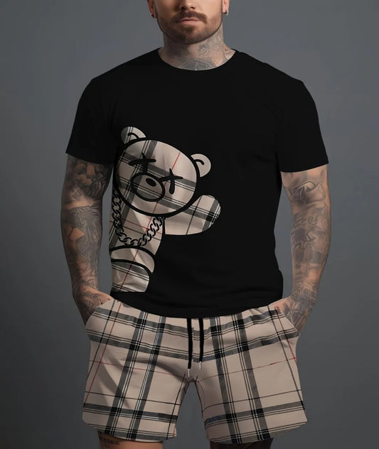 2025, novedad de verano, traje para hombre, pantalones cortos a cuadros con estampado 3D de oso informal de 2 piezas, traje ligero y transpirable cómodo para verano para hombre, nuevo estilo