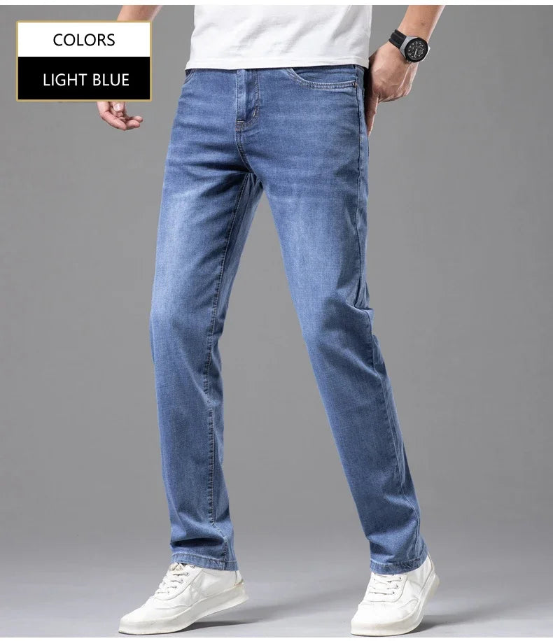 Pantalones vaqueros finos de algodÃ³n elÃ¡stico para hombre, pantalÃ³n informal, recto, cÃ³modo, color gris, a la moda, para verano