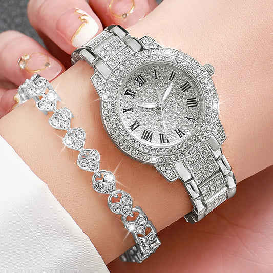 2 unids/set conjunto de pulsera y reloj de cuarzo con diamantes y banda de acero inoxidable para mujer