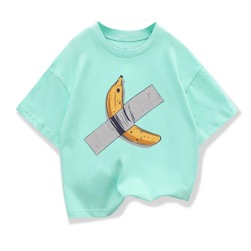 Ropa para niños, camiseta de manga corta con gráfico de plátanos en la pared, camisetas holgadas de algodón con cuello redondo de diseño Popular para niños
