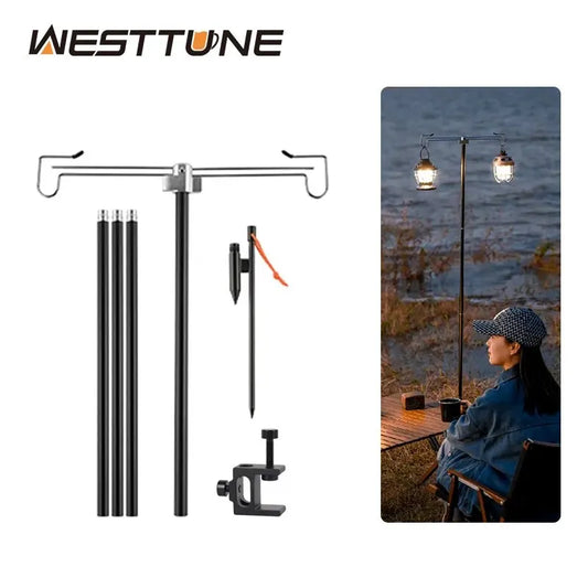 WESTTUNE-Soporte de lámpara de Camping con ganchos dobles, poste de lámpara plegable de aleación de aluminio, soporte de luz telescópico para exteriores, colgador de lámpara