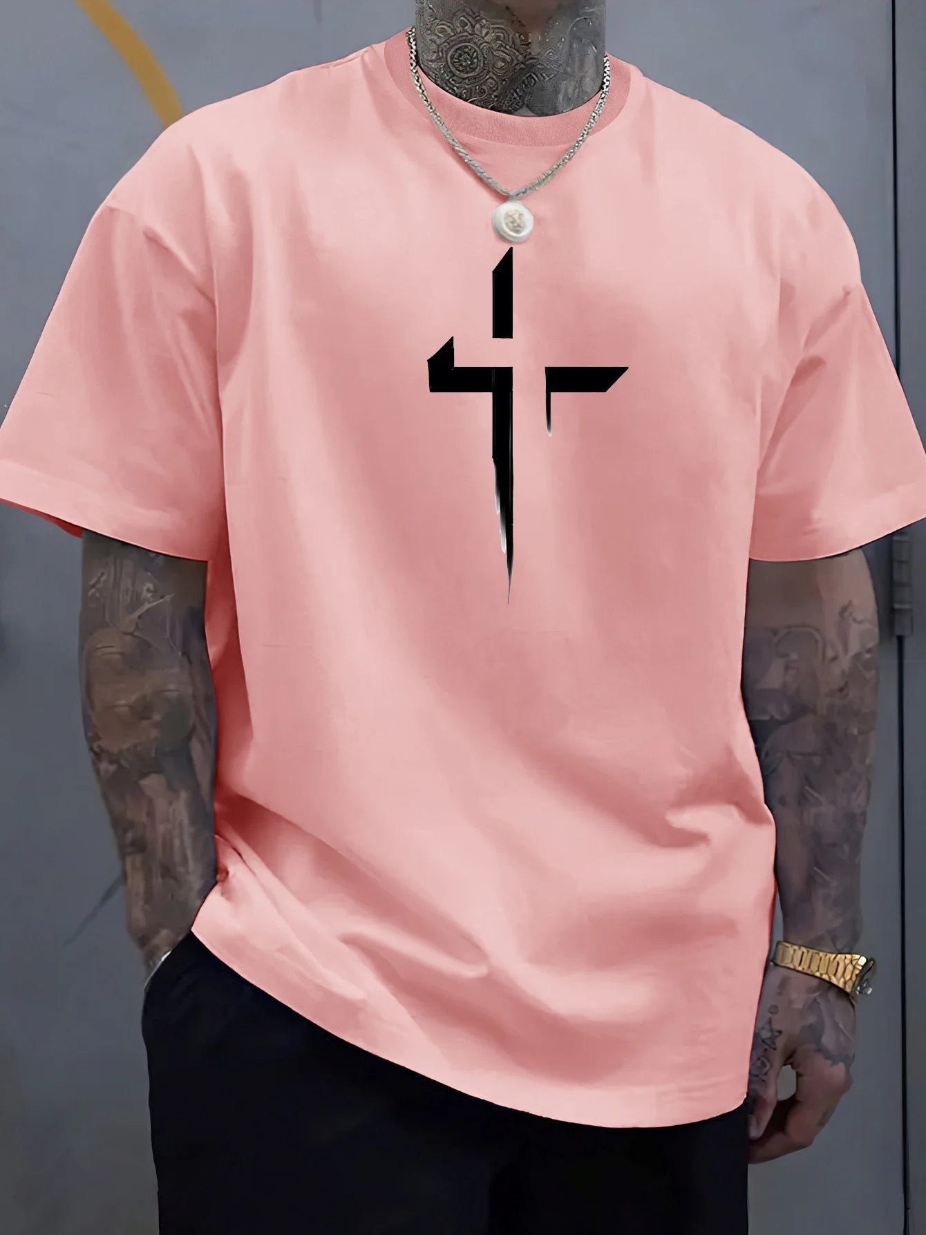 Camiseta de manga corta con cuello redondo para hombre, 100% de algodÃ³n puro, informal, holgada, de talla grande, con estampado creativo cruzado, deportiva, cÃ³moda, de verano