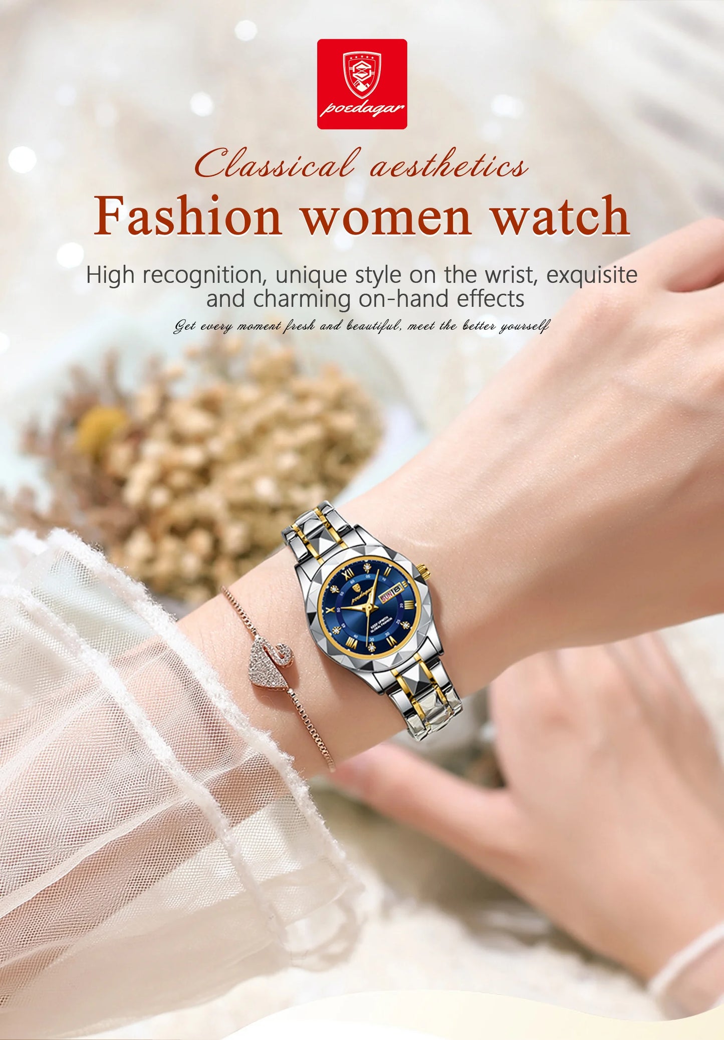 POEDAGAR, reloj de lujo para mujer, luminoso, resistente al agua, con fecha semanal, reloj de pulsera para mujer, relojes de cuarzo de acero inoxidable para mujer, reloj + caja