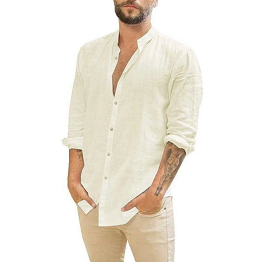 Camisas de manga larga para hombre, gran oferta de lino y algodÃ³n, Color sÃ³lido, cuello levantado, estilo informal de playa de talla grande, verano