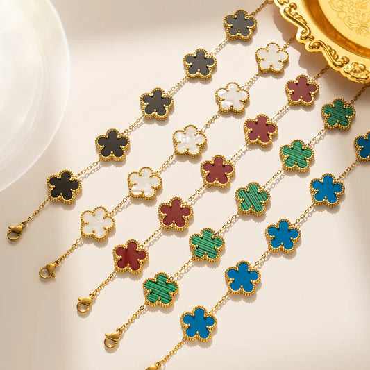 Pulsera clÃ¡sica de acero inoxidable para mujer, brazalete ajustable de cinco flores, joyerÃ­a de fiesta a la moda, regalos de trÃ©bol