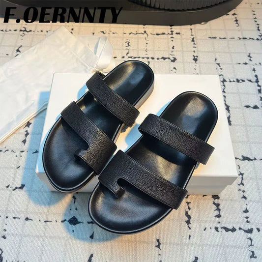 Chanclas informales cómodas con suela gruesa para mujer, chanclas exteriores de verano, zapatillas de playa para vacaciones, mulas de cuero auténtico con punta redonda