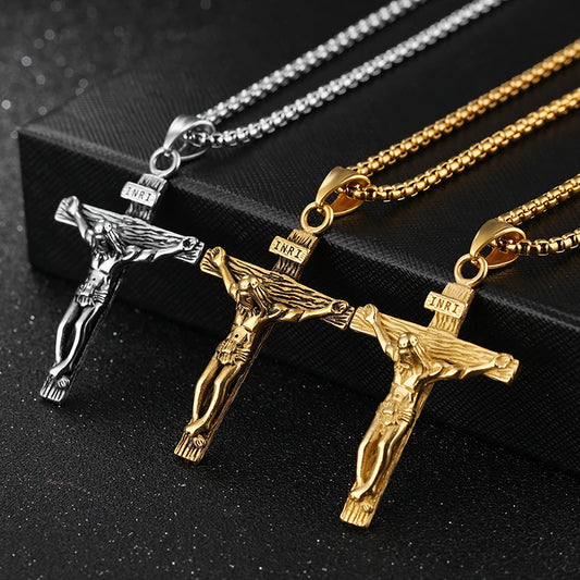 Collar religioso de acero inoxidable con cruz de JesÃºs para hombres, colgante de cruz de Color dorado y plateado con cadena, regalo de joyerÃ­a