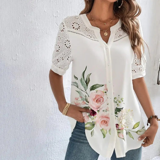 Camisa de encaje informal para mujer, camisa holgada de manga corta, elegante, para vacaciones y fin de semana