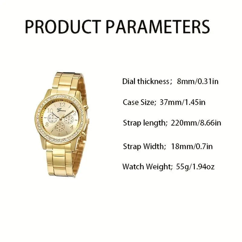 Juego de 5 piezas de reloj de oro para mujer, anillo de lujo, collar, pendientes, diamantes de imitación, reloj de pulsera de moda, relojes casuales para mujer, conjunto de pulsera
