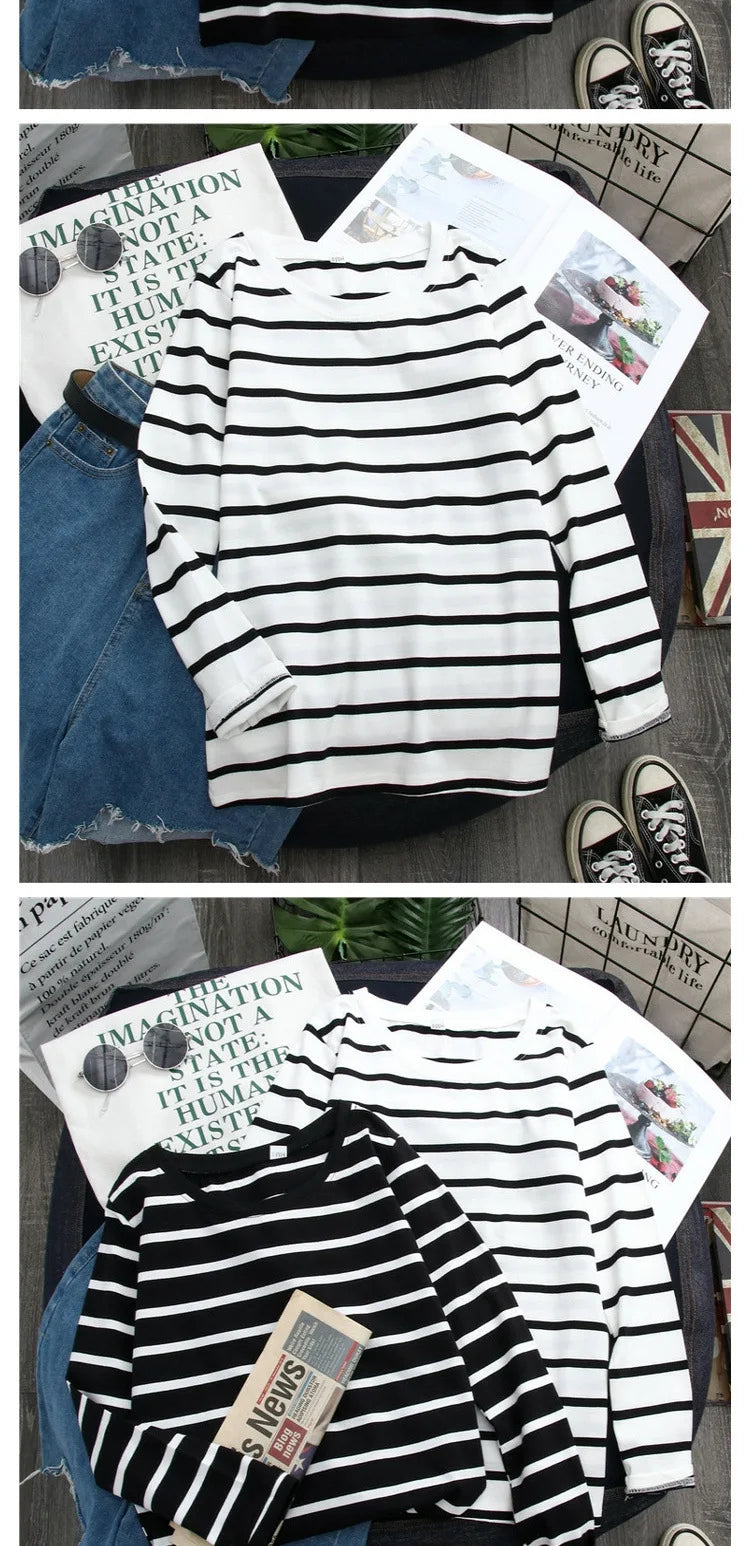 1 pieza primavera y otoÃƒÂ±o invierno Top a rayas negras con estilo extranjero Ins camisa inferior mujer Camiseta de manga larga