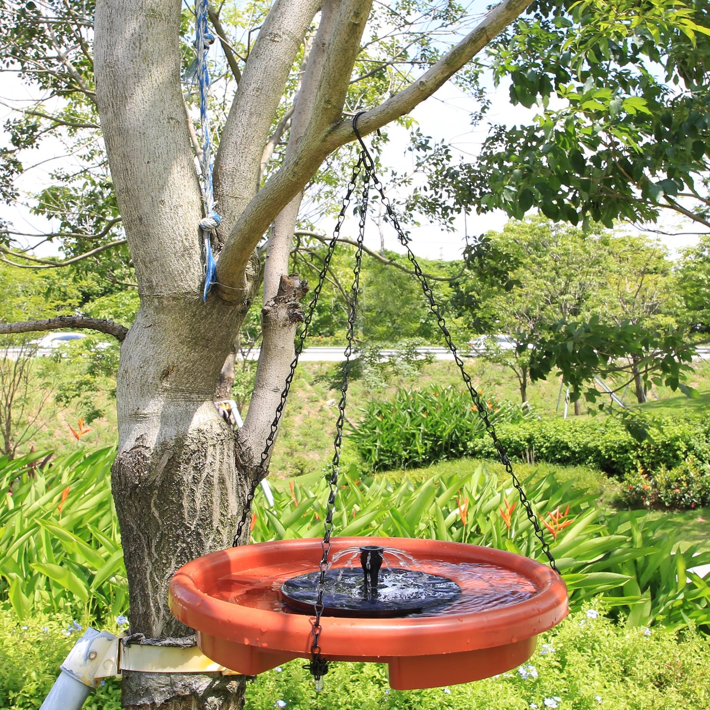 Alimentador de pájaros colgante con fuente para exteriores, bandeja para beber pájaros con gancho y cadena para jardín, Patio, 12 pulgadas