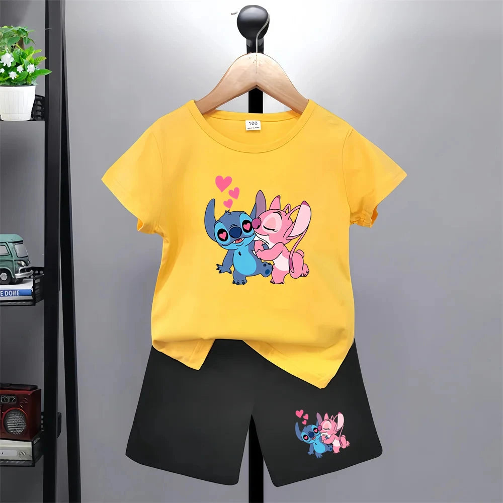 Camiseta de punto de Disney con dibujos animados de verano para niÃƒÂ±as, camisetas rojas y rosas para niÃƒÂ±os, ropa superior, camisetas de moda para niÃƒÂ±os, conjunto de pantalones cortos para niÃƒÂ±os de 3 a 12 aÃƒÂ±os