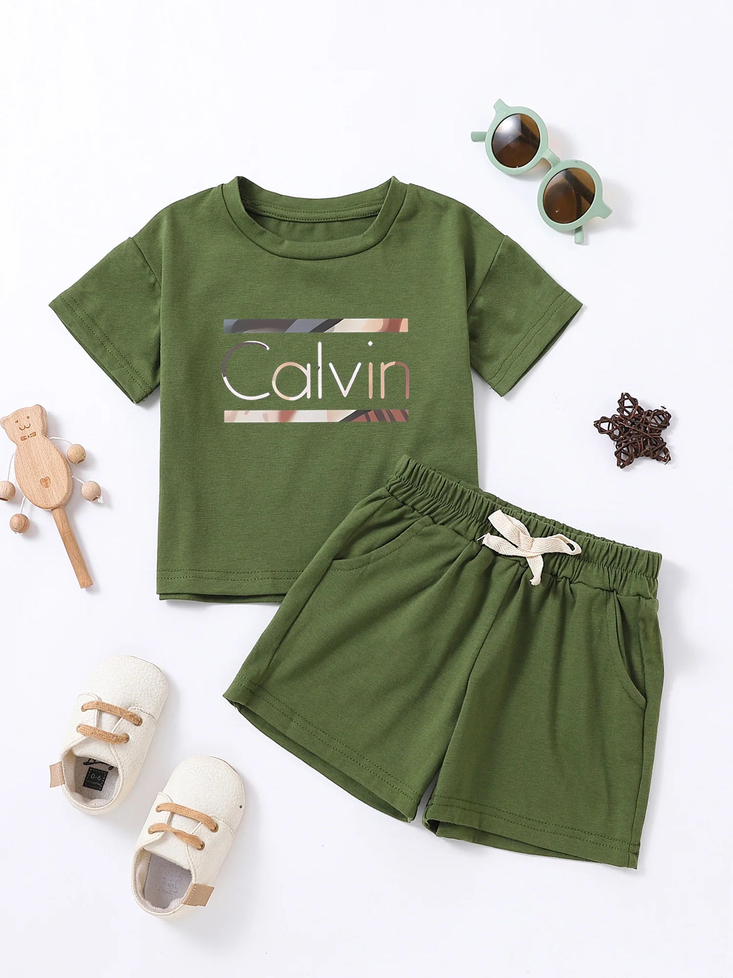 Trajes con estampado de letras Calvin para niños, camisetas de algodón + Pantalones cortos, conjuntos de ropa de 2 uds., trajes de moda para niños y niñas de 1 a 7 años