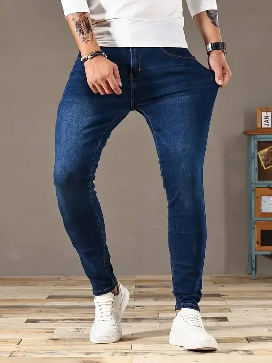 2025 primavera nuevos hombres Slim Fit clÃ¡sico pantalones vaqueros ajustados Casual estilo callejero Casual hombres pantalones vaqueros ajustados hombre Slim Fit lÃ¡piz Denim azul