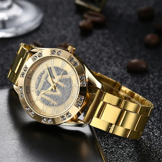UTHAI-reloj de cuarzo con diamantes para mujer y hombre, pulsera de acero inoxidable con logotipo TVK, dorado, a la moda