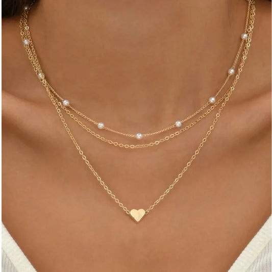 FTCY-Conjunto de collar de perlas para mujer, 3 uds., oro de 14 quilates, colgante de corazÃ³n de amor a la moda, resistente al agua, hipoalergÃ©nico, cadena para el cuello, joyerÃ­a
