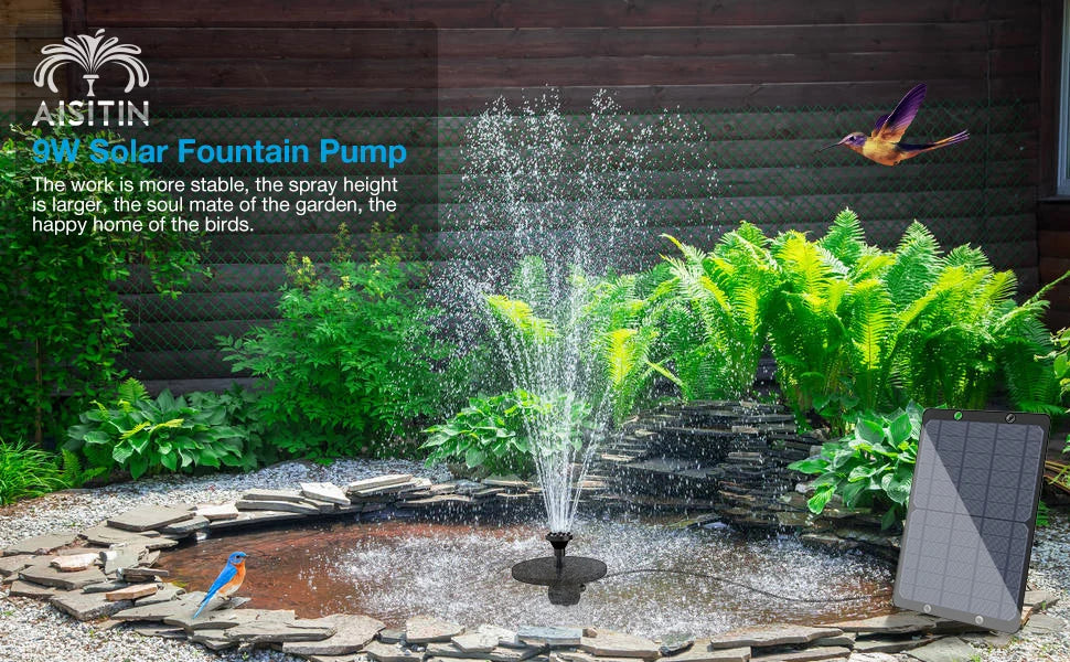 Fuente de agua Solar de 9W para jardín, decoración con boquillas, tubería de agua para baño de aves, alimentada por energía Solar para estanques