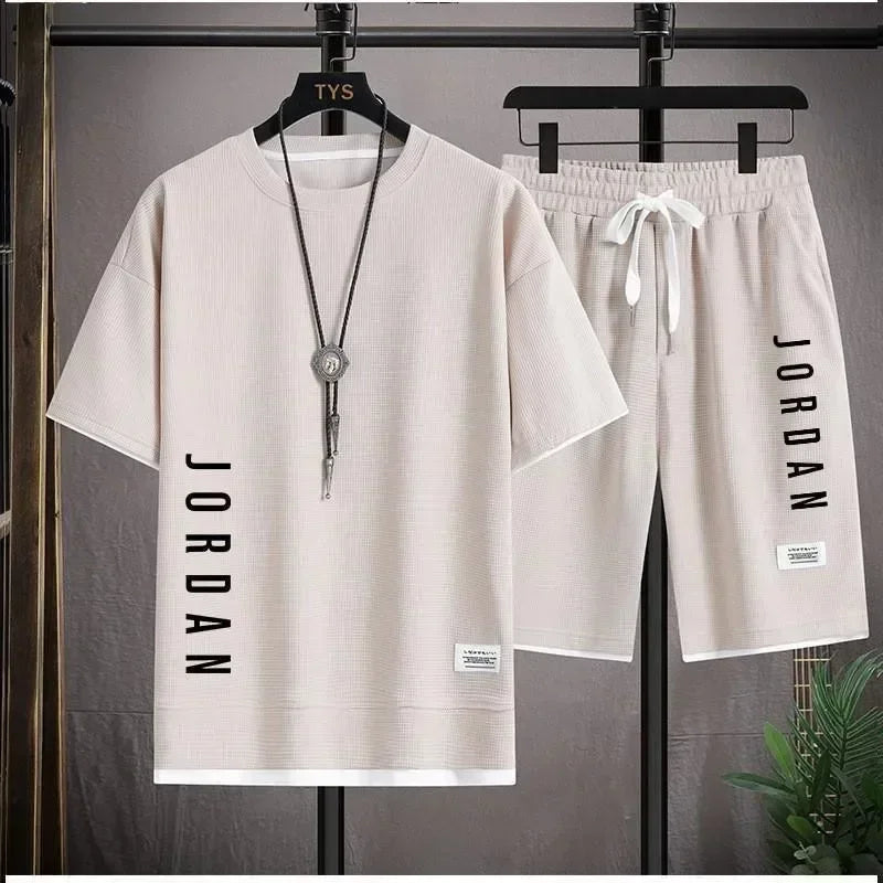2025 Conjunto elegante de camiseta y pantalones cortos informales para hombre, traje deportivo, conjunto de gofres de verano suelto y cómodo para hombre