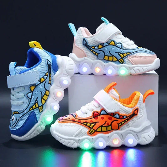Zapatillas de deporte informales con dibujos animados para niños y niñas, zapatos de iluminación transpirables con malla LED, zapatos iluminados para bebés