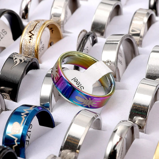 JoyerÃƒÂ­a de moda, venta al por mayor, 100 unids/lote, anillos de acero inoxidable, regalo de fiesta, anillos de boda, estilo mixto, anillos para hombre y mujer